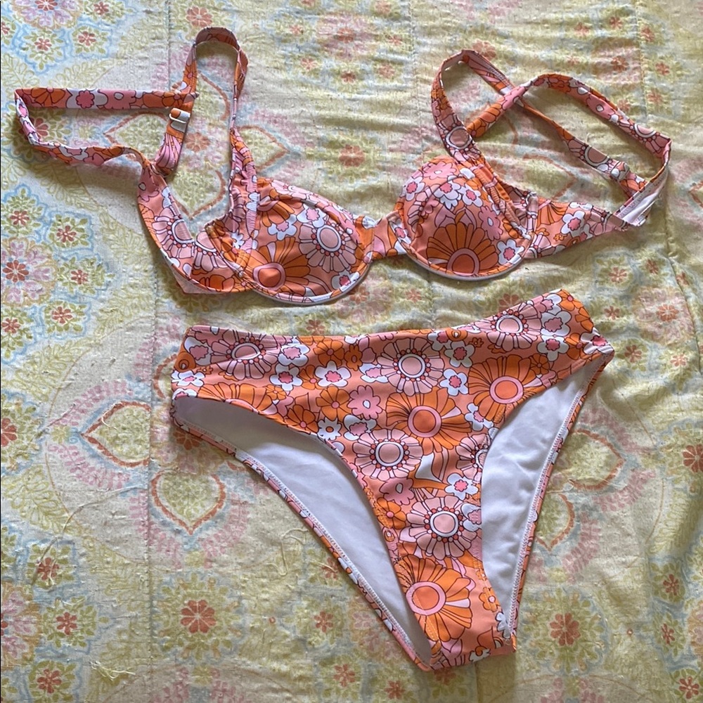 Floral Bikini Set in Orange and White SHEIN